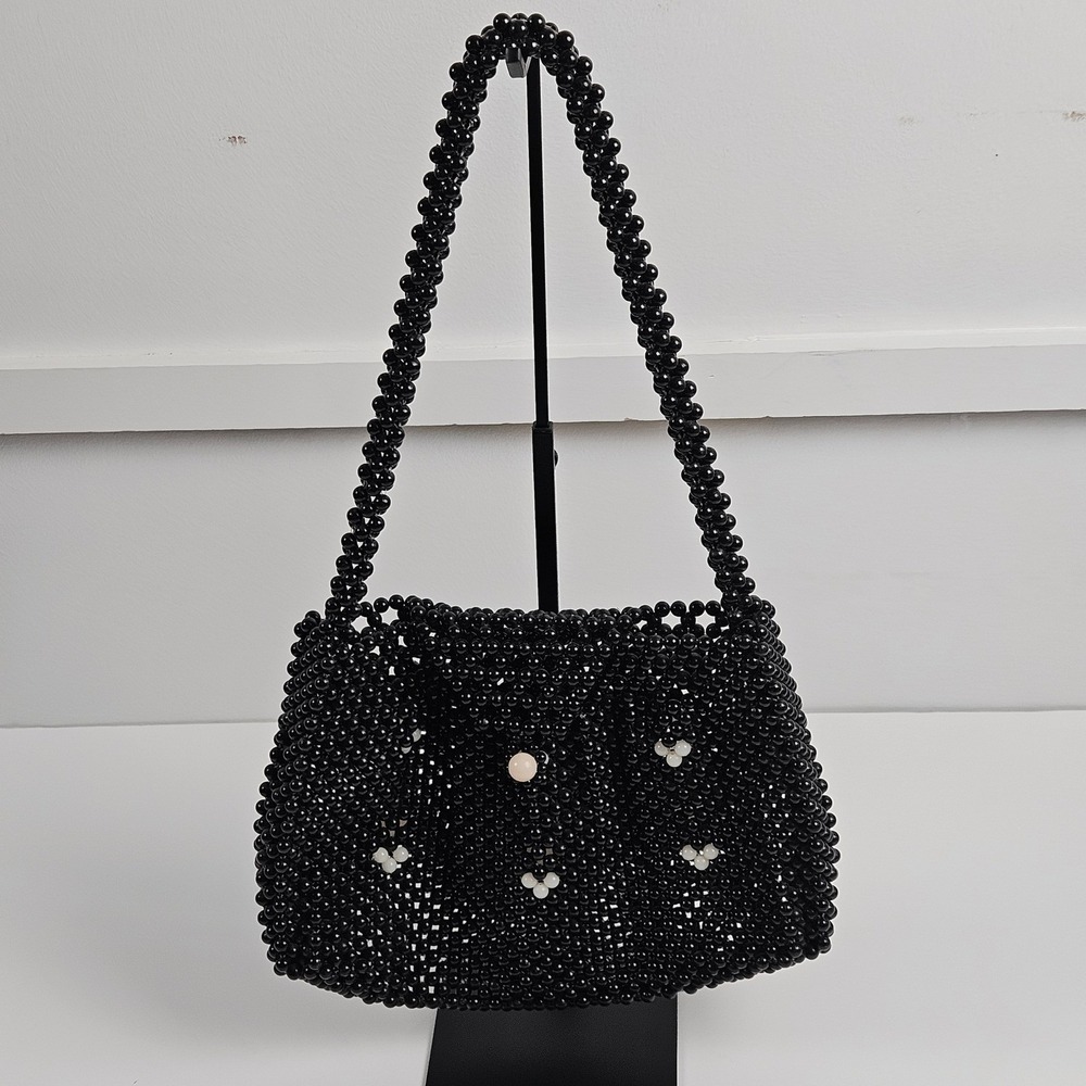 Vintage Style Black Beaded Shoulder Bag White Floral Accent Evening Handbag